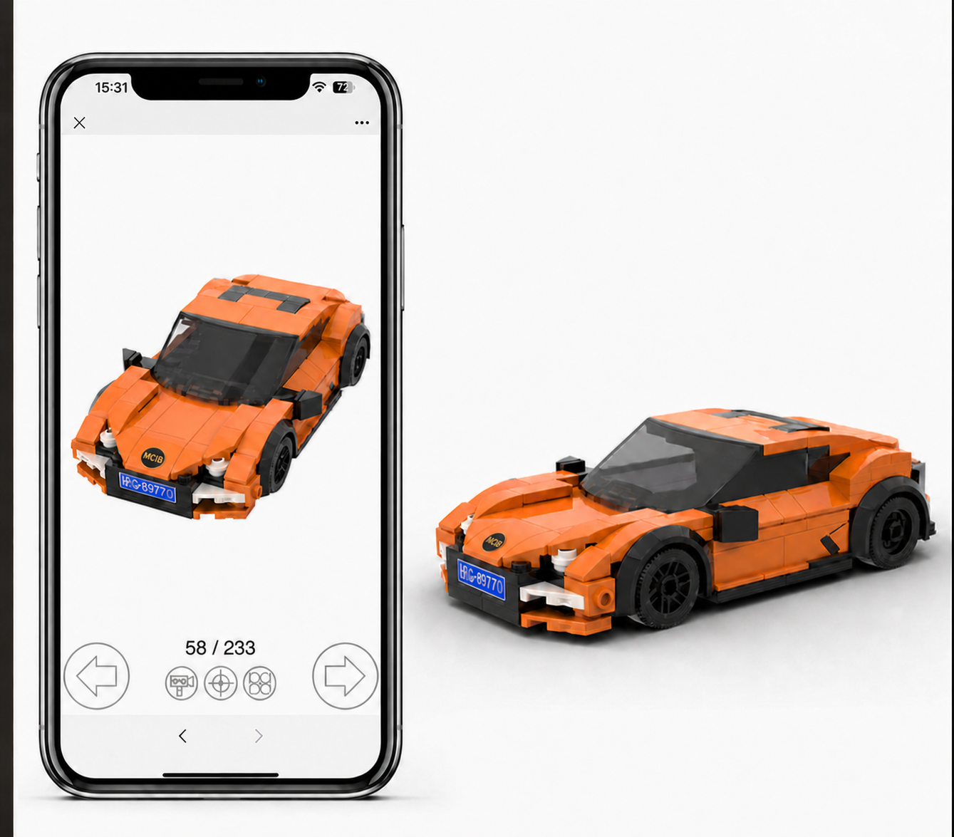 Digital building instructions and completed orange building block car