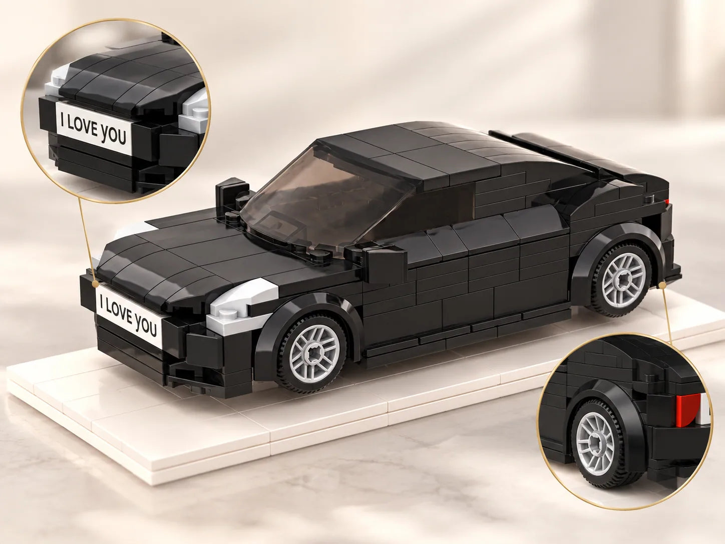 Black custom brick car model with personalized I LOVE YOU plate and detailed wheels