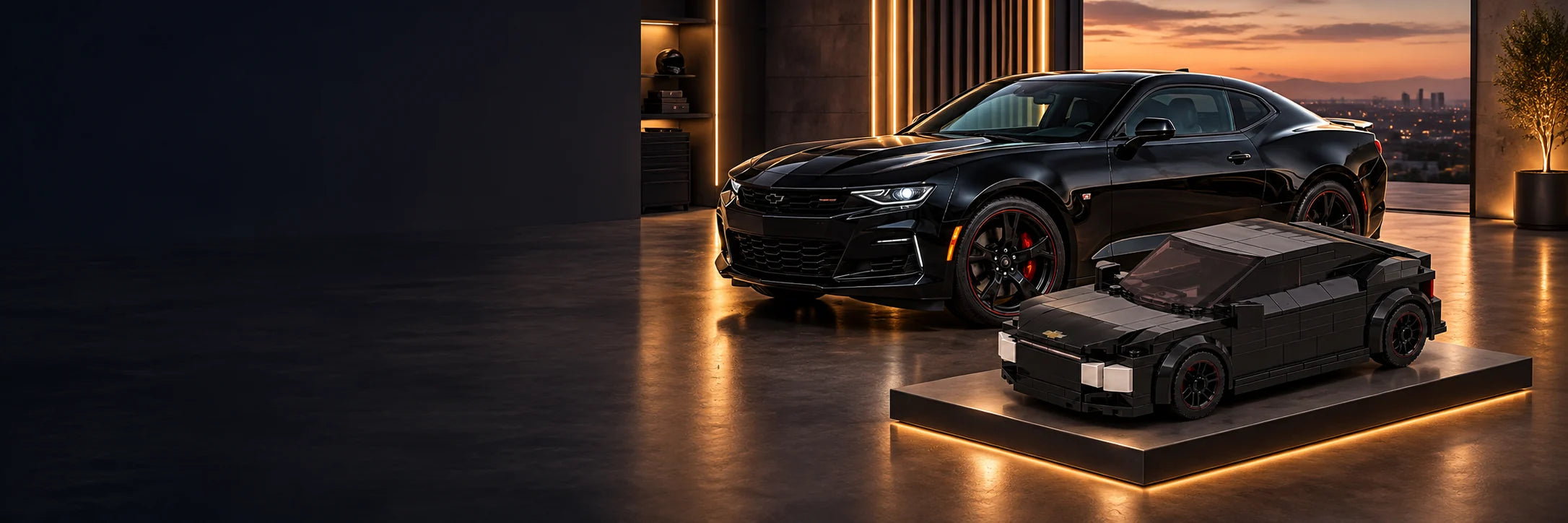 Black performance coupe beside a custom brick model of the same car