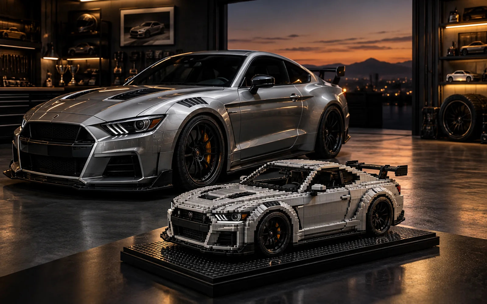 Silver performance car beside a matching brick-built collectible in an enthusiast garage
