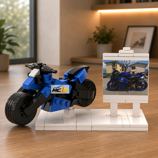Blue brick motorcycle and a real-bike photo stand arranged on a white base on a desk