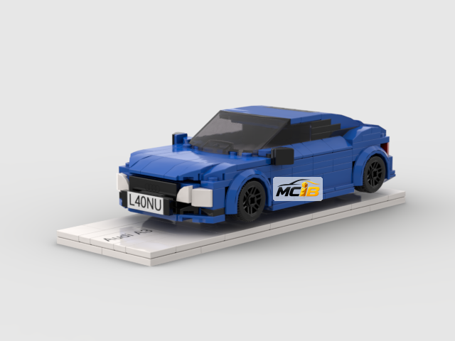 Blue brick wagon design with a long roof and dark windows on a white display base