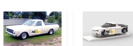 Cream-colored classic car-based pickup pictured beside its brick design preview