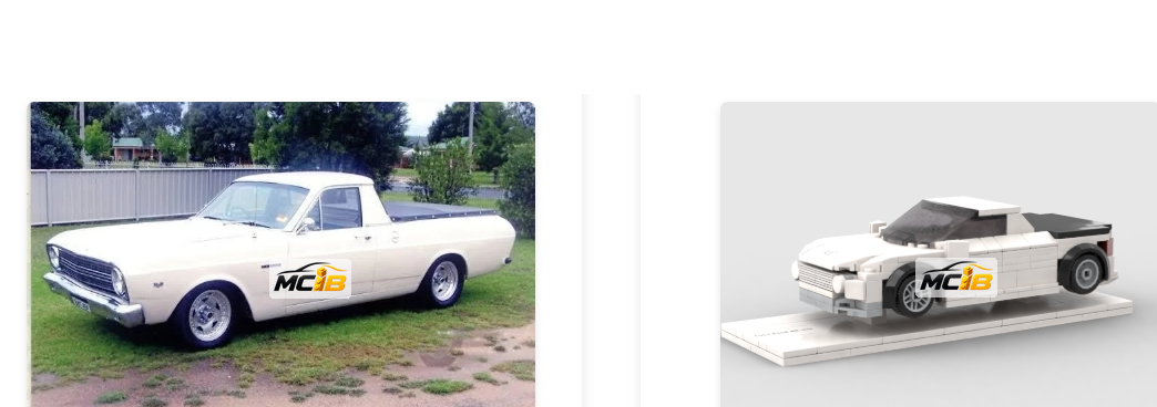 Cream classic car-based pickup beside its custom brick-model preview