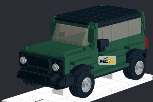 Green off-road brick vehicle design with a dark roof and rear-mounted spare wheel