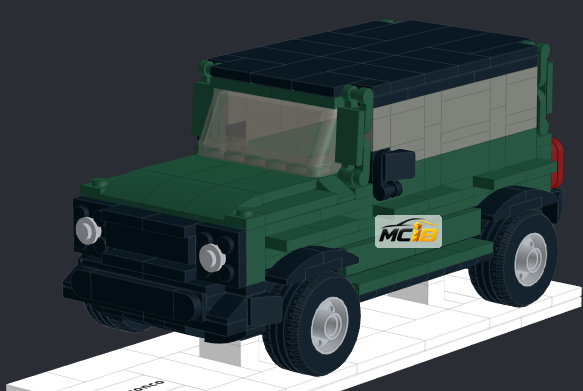 Green off-road vehicle interpreted as a custom brick model with a rear spare wheel