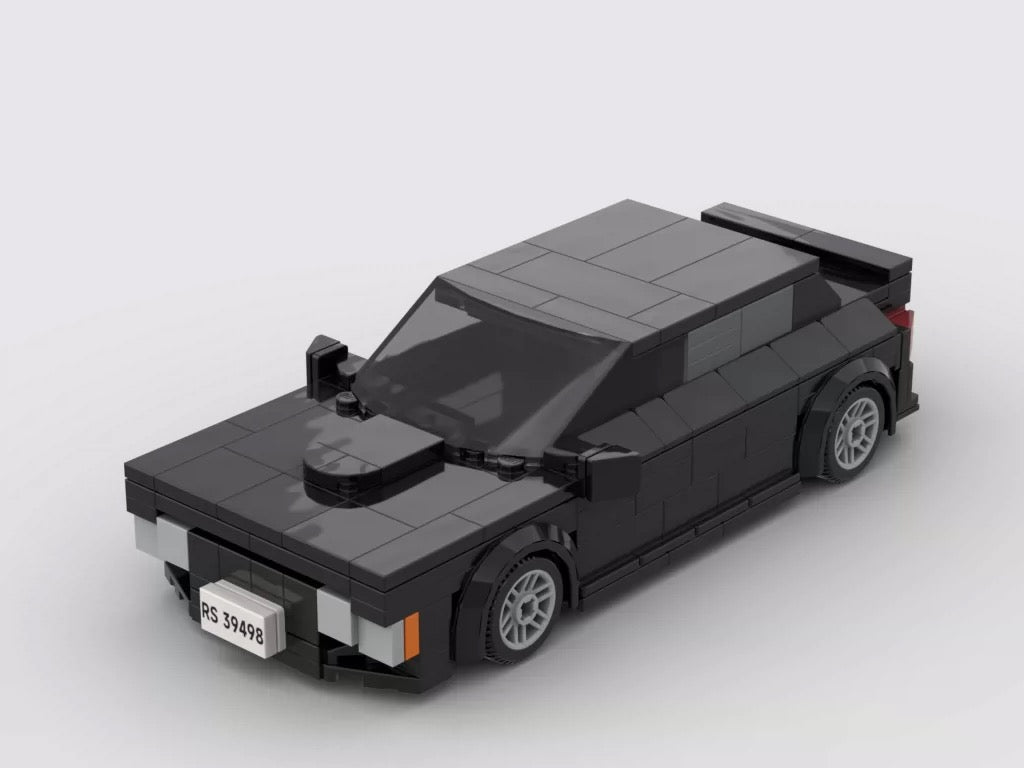 Dark brick coupe design with a raised hood detail and a prominent rear spoiler
