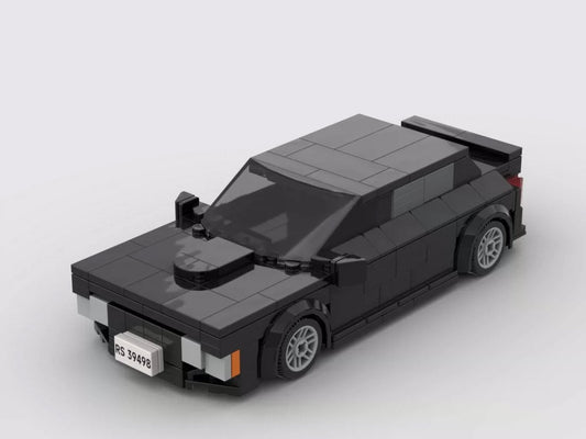 Dark brick coupe design with a raised hood detail and a prominent rear spoiler