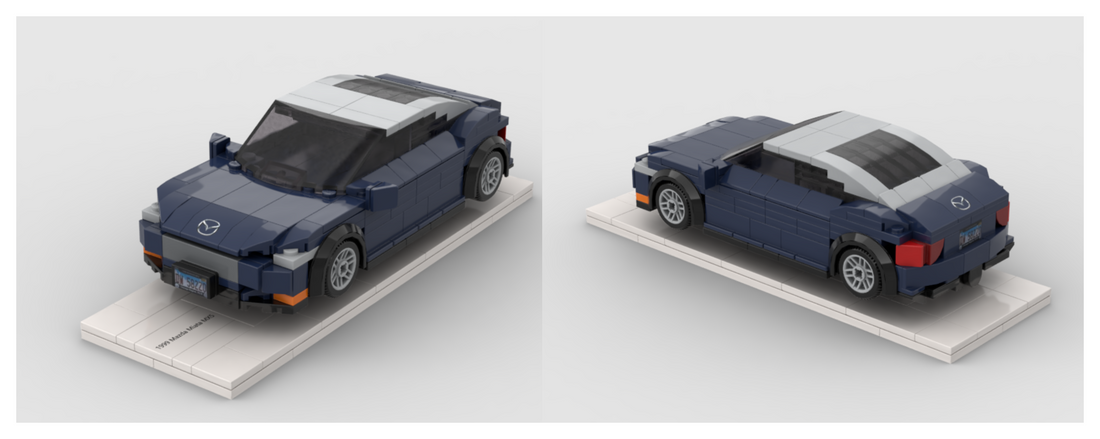 Two views of a dark blue brick roadster design with a light roof on a white display base