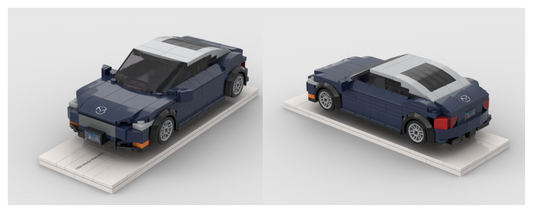 Two views of a dark blue brick roadster design with a light roof on a white display base
