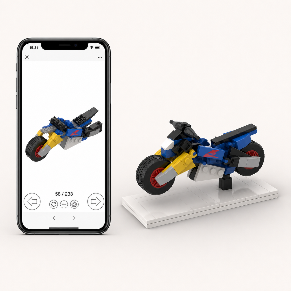 Digital building instructions and completed orange building block car