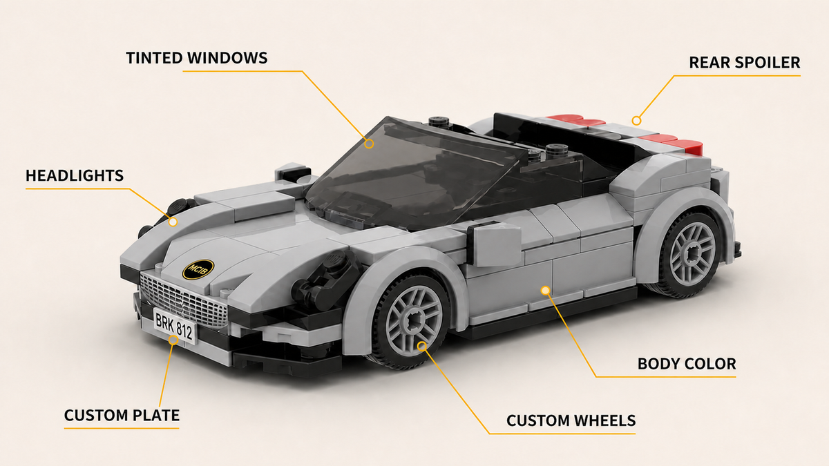 Gray custom building-block car detail callouts with an MCIB hood badge