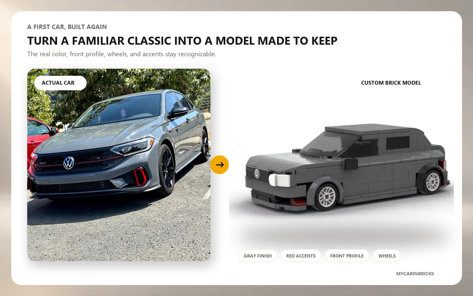Real gray first car beside a matching gray custom brick model with red accents