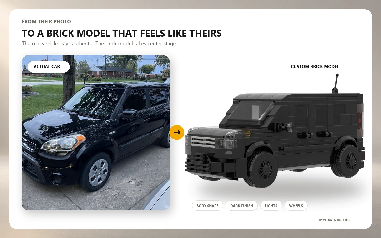 Black compact SUV beside a custom black brick model designed from the actual vehicle photos