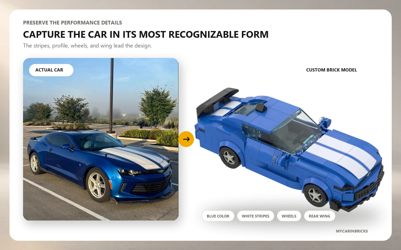 Blue performance coupe with white stripes beside a matching custom brick model