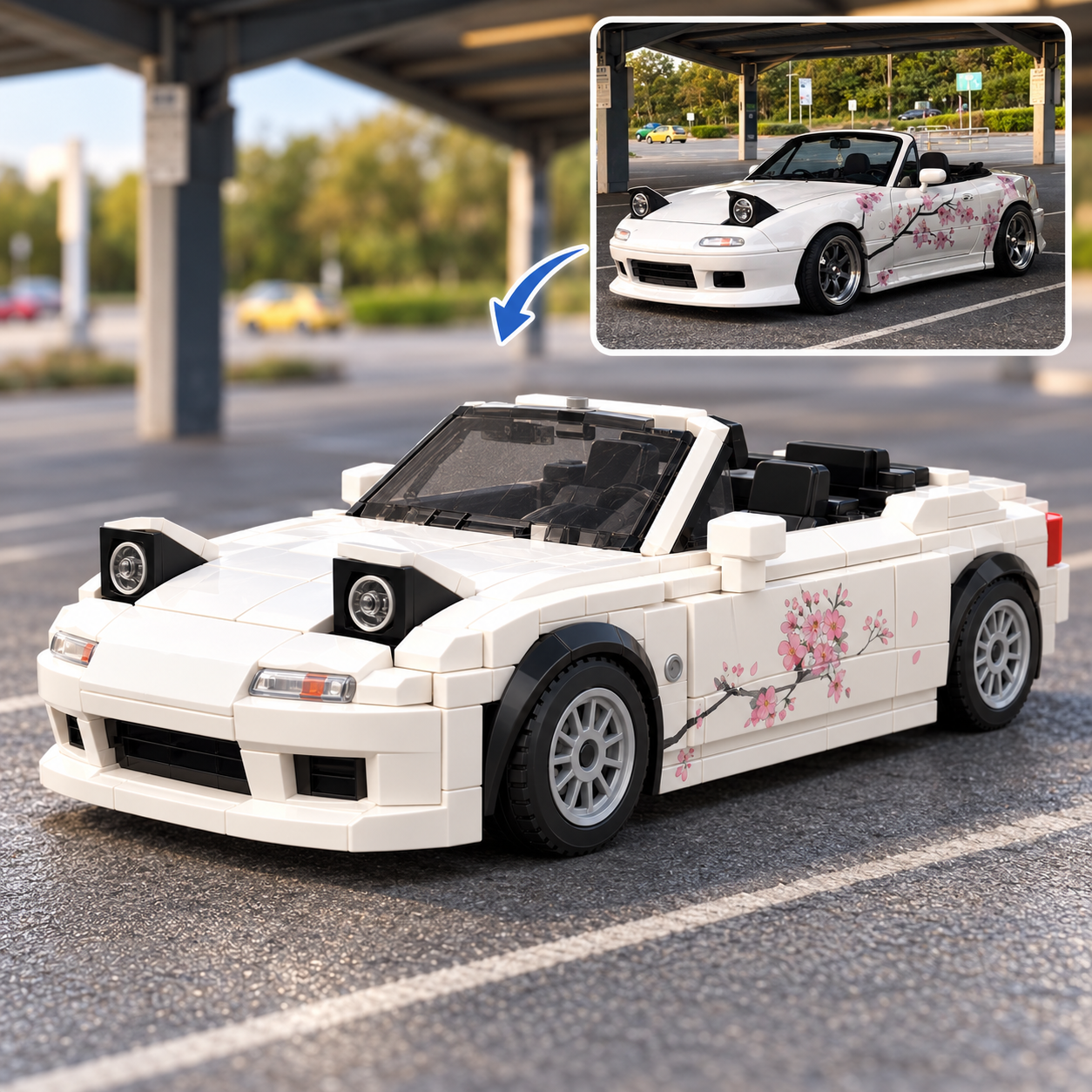 A floral white Mazda MX-5 brick model compared with the original car photograph