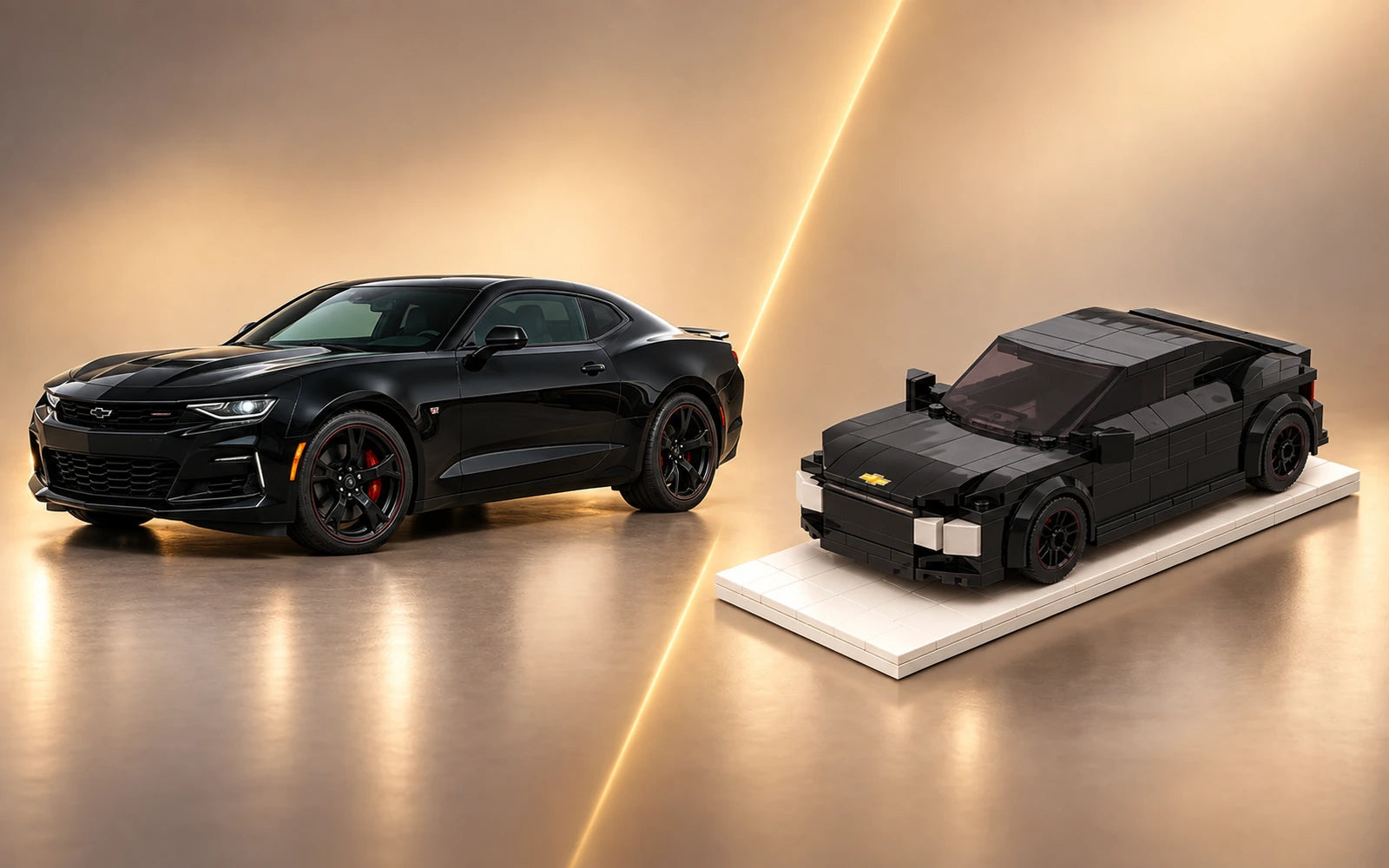 Black performance coupe beside a custom brick model of the same car