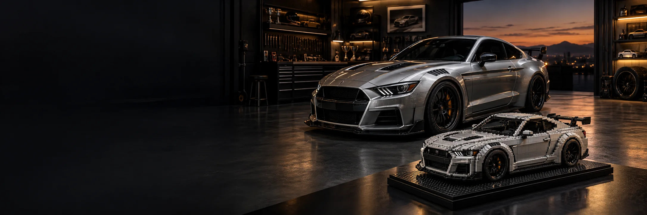 Silver performance car beside a matching brick-built collectible in an enthusiast garage