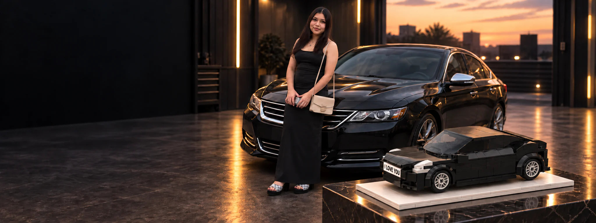 A woman standing beside her black sedan and its personalized building-block model with an I LOVE YOU plate