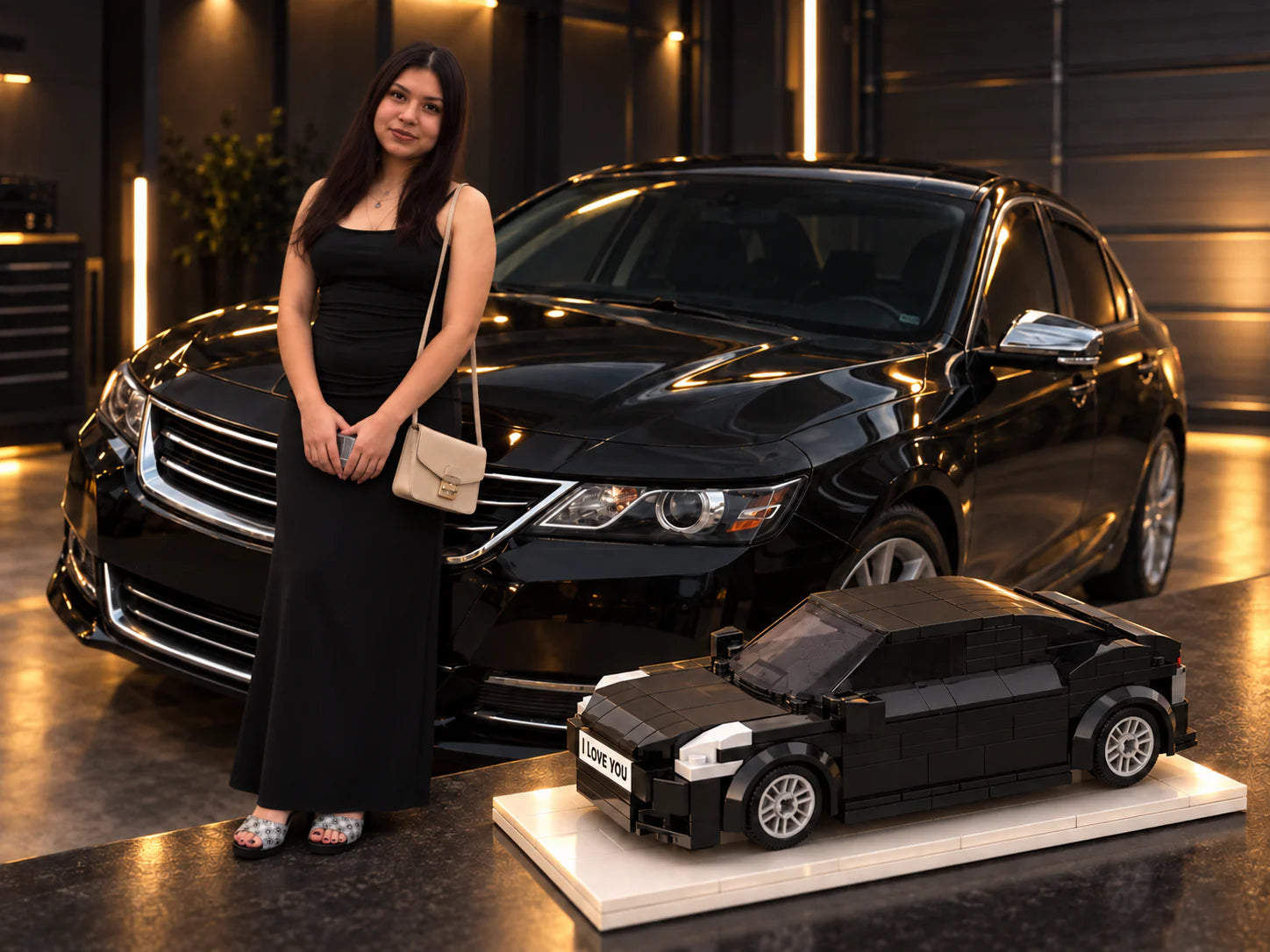 A woman standing beside her black sedan and its personalized building-block model with an I LOVE YOU plate