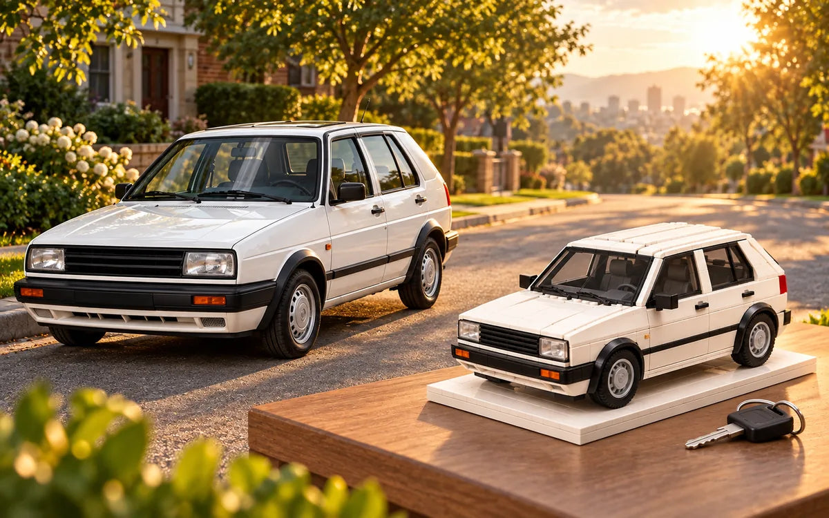 White vintage hatchback representing the memories of a first car