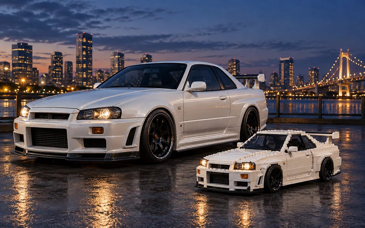 Modified JDM car beside a matching custom brick model