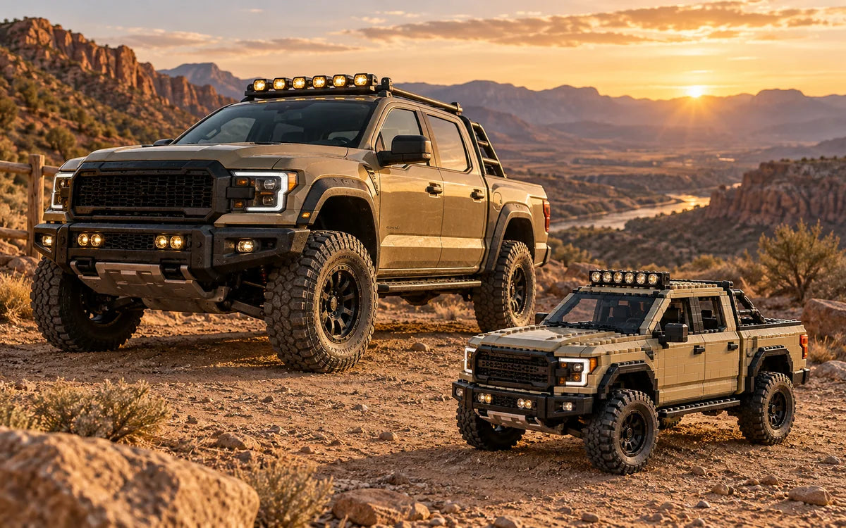 Custom pickup truck beside a matching brick-built truck model